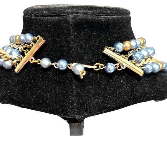 Vintage multistrand necklace dramatic beads & chains blue & gold mid century - Picture 5 of 6